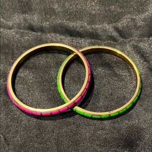 Vintage Brass Inlaid Dyed /Enamel Bangle Bracelet- Pink & Green